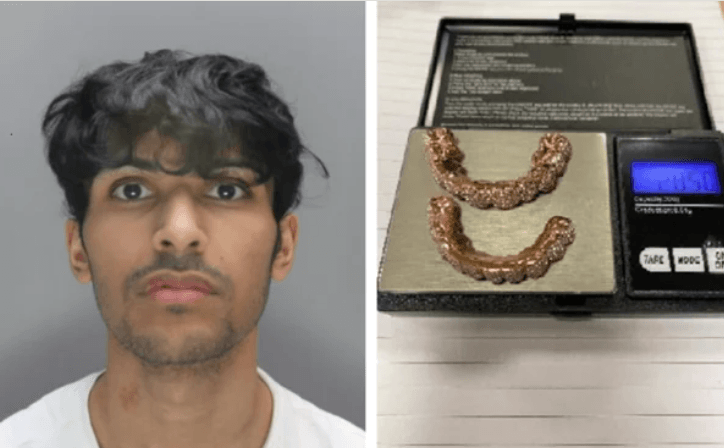 Picture of a jailed fraudster and gold grills on a scale